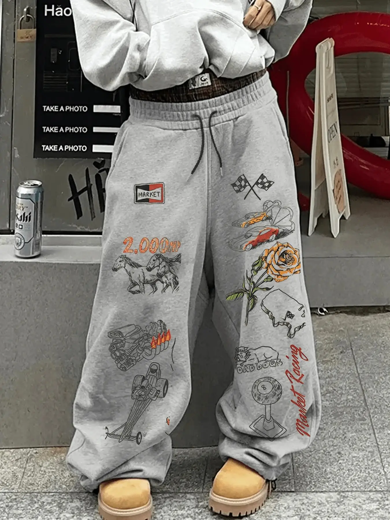 Aesthetic Hand-Drawn Doodle Graphic Sweatpants - Urban Baggy Joggers with Racing & Rose Print - Comfortable Adjustable Drawstring Relaxed Fit Streetwear Casual Style Bottoms Comfy Trousers for Daily Streetstyle and Hip-hop Outfits