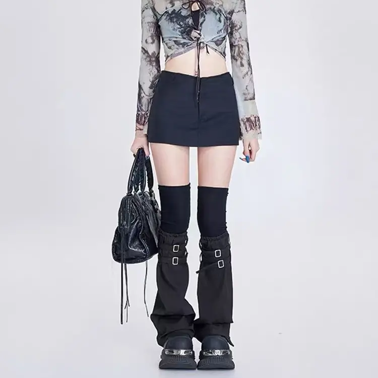 Minimalist Premium Fake Two-Piece Knee-High Leg Warmers Unique Stackable Thigh Socks Subculture Leather Buckle Wide Leg Sheer Sleeves Fashion Design