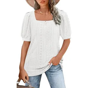 FMEYOA Womens Summer Tops 2024 Square Neck Short Sleeve Tunic Tops Eyelet T-Shirts S-2XL