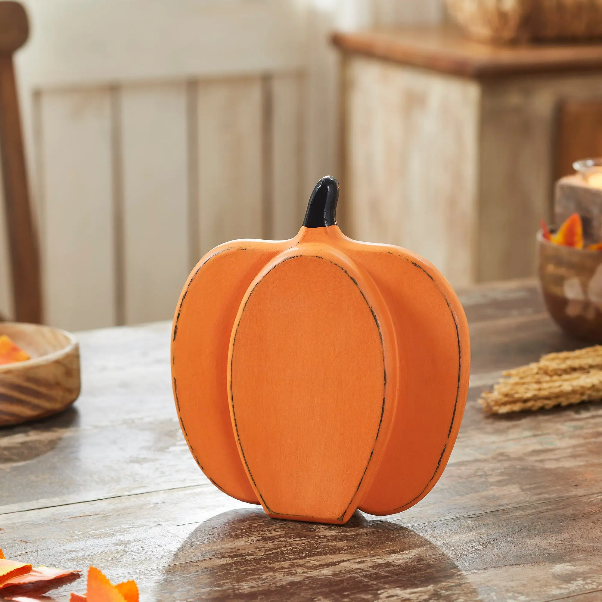 Short Orange Wooden Pumpkin Figurine, 9x8x2 in, Tropical Farmhouse Traditional Home Decor Statue