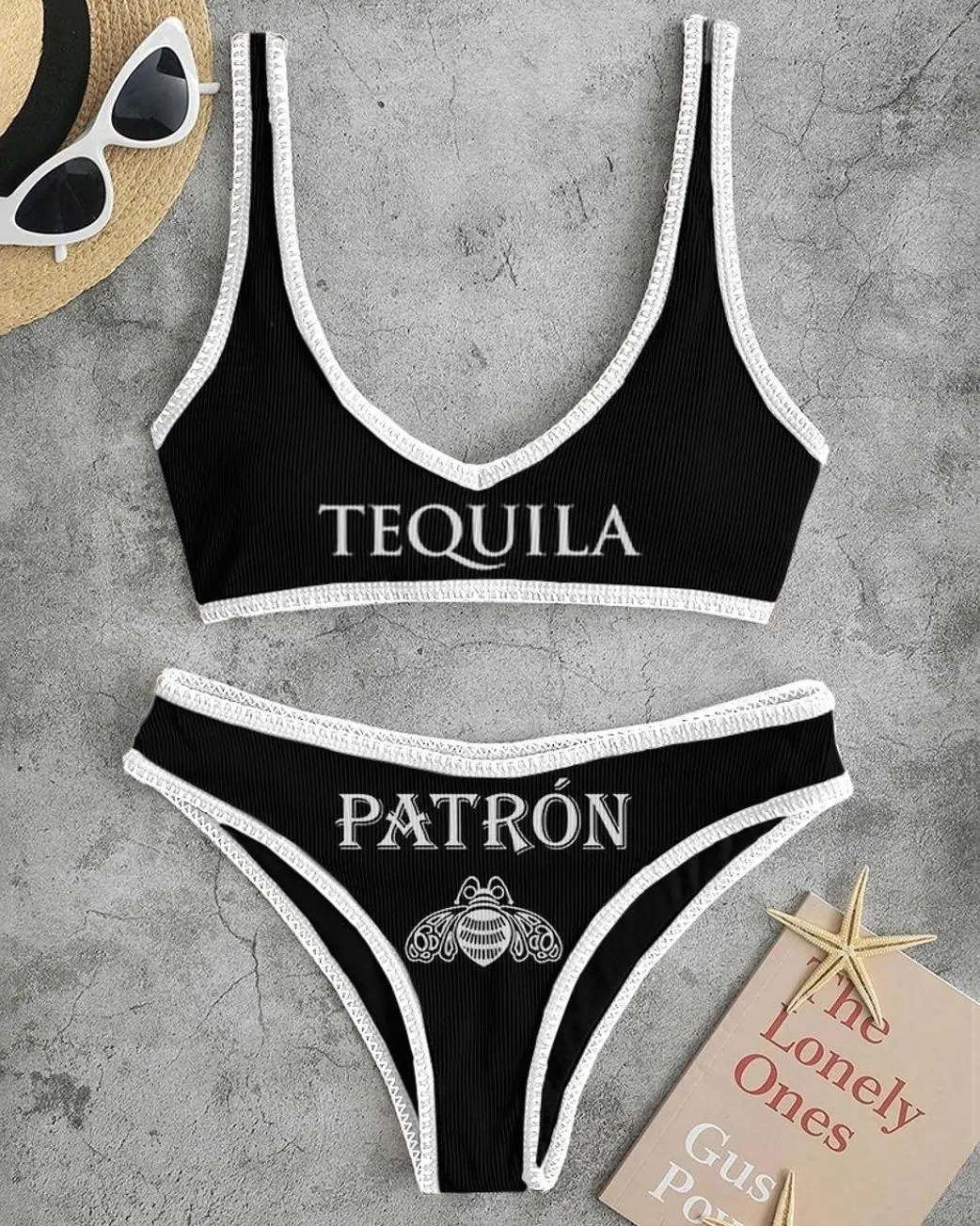 Patrón Tequila Fashion Beach Holiday Black Print Bikini Set HYY KJQ
