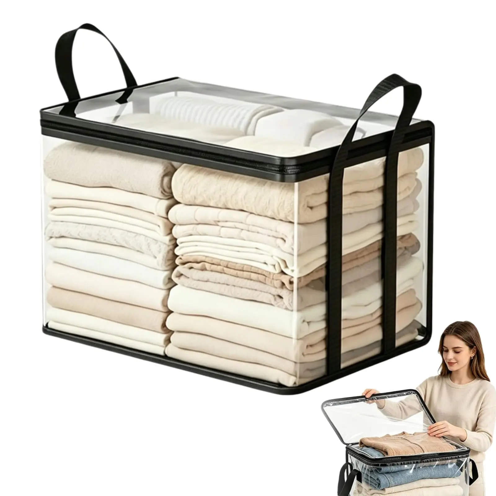 Thick-Panel Roomy Transparent Heavy-Duty Smooth Plastic Storage Boxes with Zip-Top Lids, Stackable Storage Containers for Household Laundry & Holiday Organization, Dust-Proof, Durable