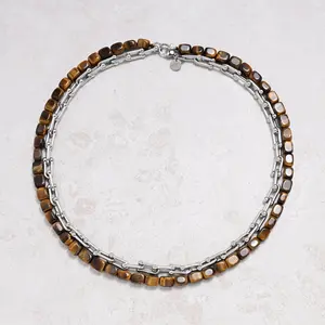 Tiger Eye & Silver Hardware Style Chain Adjustable Necklace