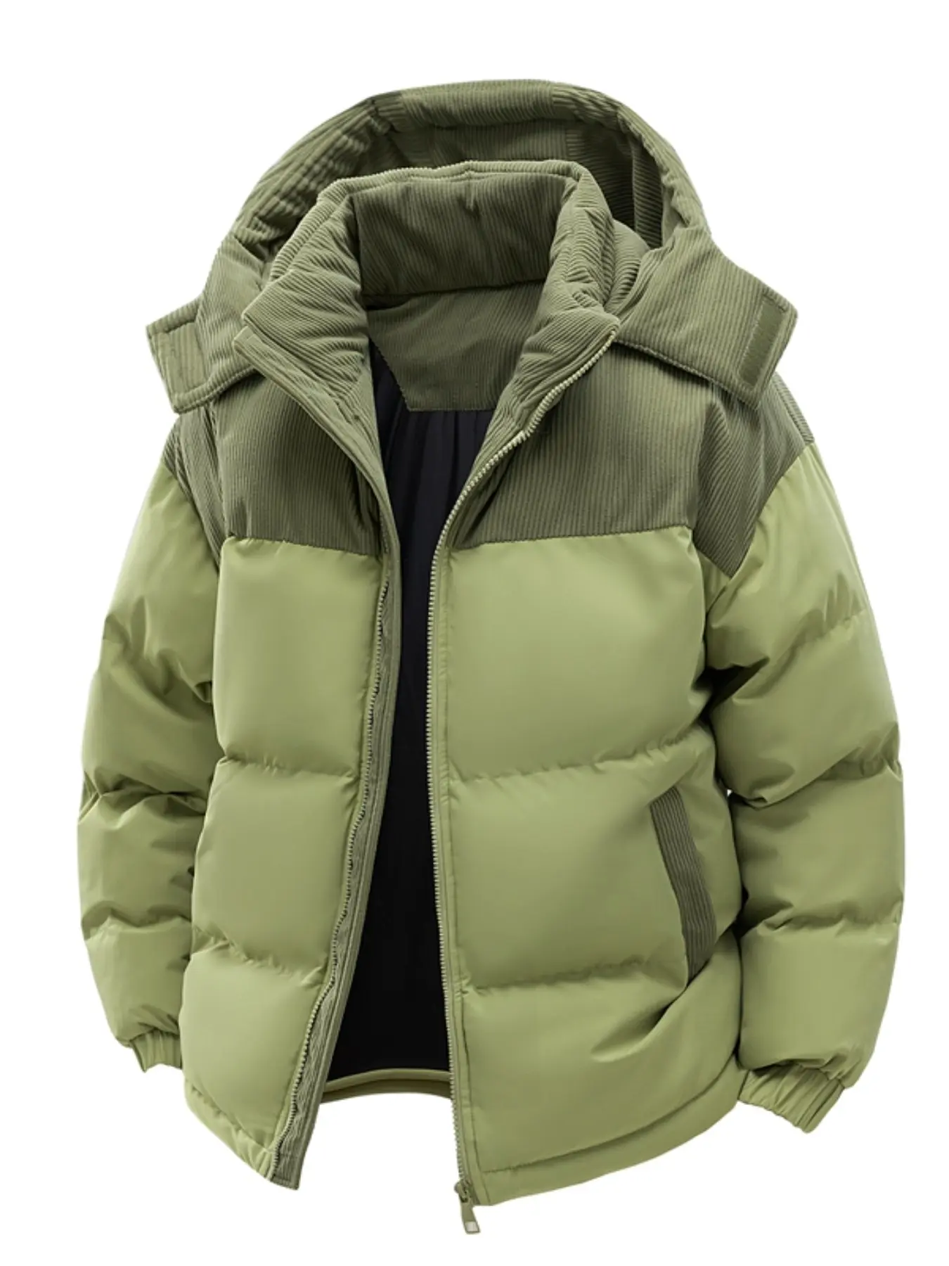 Men's Winter Heavyweight Hooded Jacket with Overcoat Collar, Color Block Thick Full Zip Casual Outerwear for Daily Commuting & Outdoor Activities
