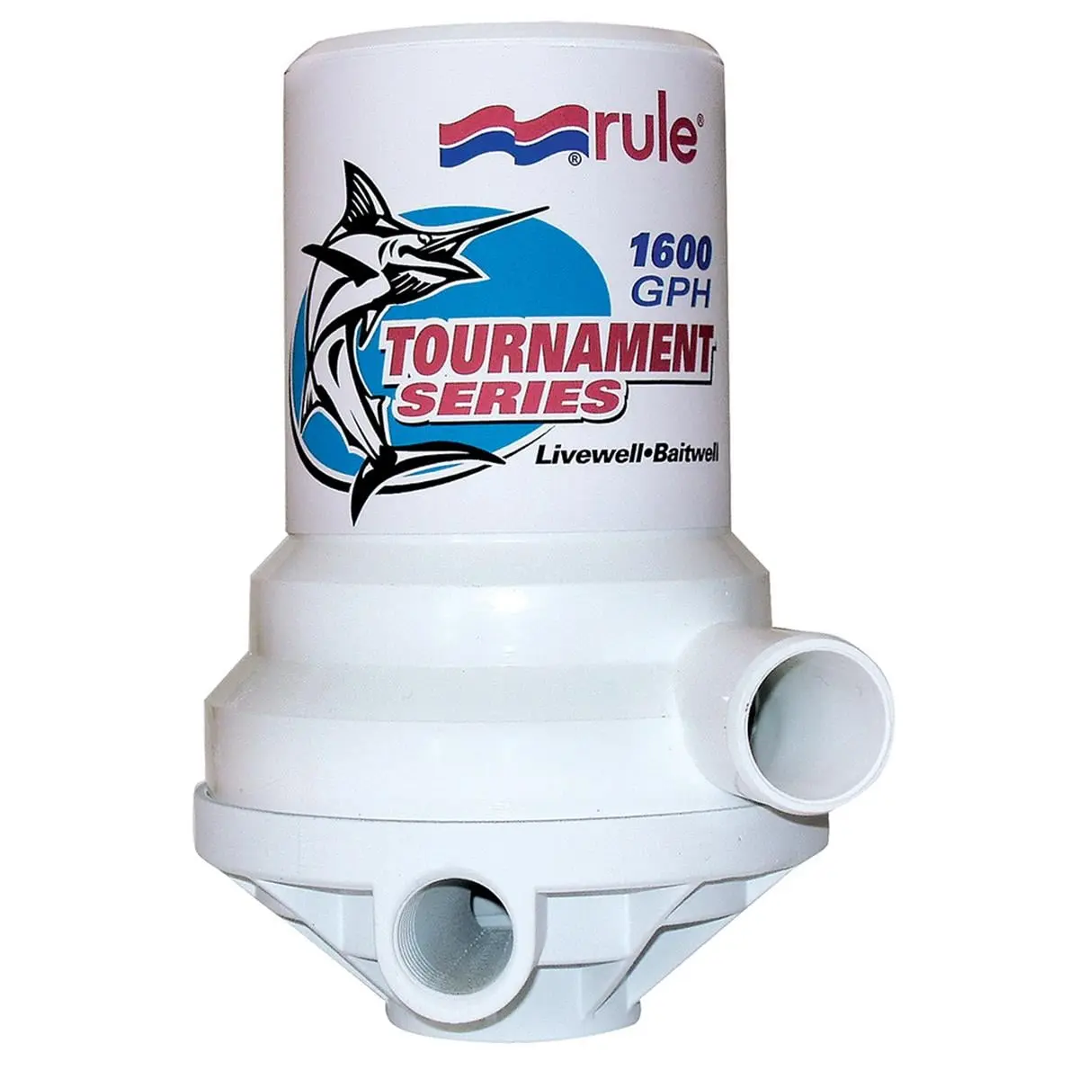 Tournament Series Anti-Airlock High Capacity Livewell Pump - Dual Port, 1" (25mm) NPT Intake, 1-1/8" (29mm) Discharge Outlet, Glass Nylon Construction, Long-Life Motor, Washdown Safe