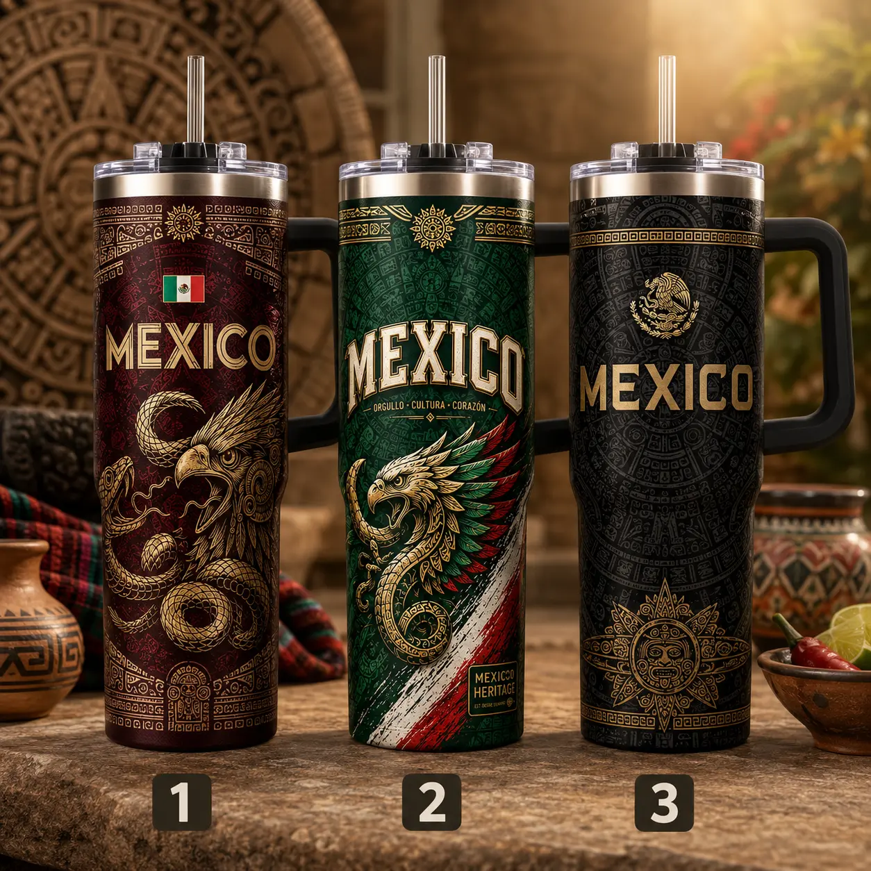 Mexico 40oz Tumbler, Mexican Heritage Travel Mug with Handle, Aztec Eagle Straw Cup, Mexico Pride Gift, Cultural Drinkware