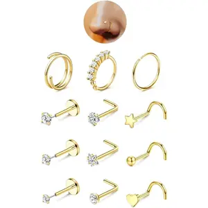 MILACOLATO Nose Rings for Women - 14K Plated Gold Filled Hypoallergenic Surgical Steel Nose Ring Hoops CZ Lip Ring Screw L Shaped Studs Threadless Flat Back Stud Nose Piercings Jewelry for Women Men