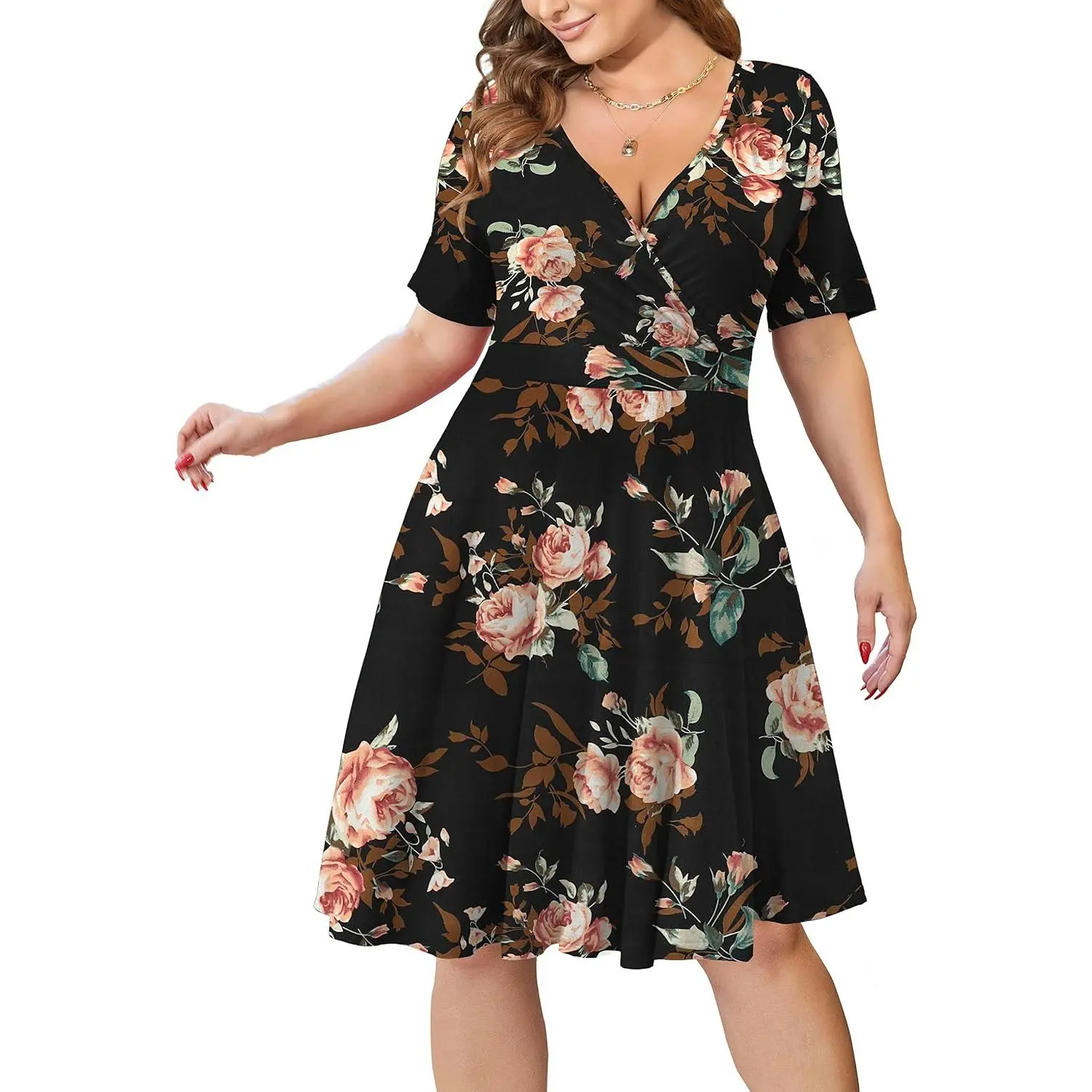 Plus Size Faux Wrap Dress for Curvy Women with Pockets | Flattering faux wrap V-neck with soft stretch fabric and pockets for work, weddings and everyday comfort.