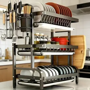 3-Tier Over The Sink Multifunctional Detachable Dish Drying Rack, Kitchen Countertop Organizer, Space Saving Metal Utensil Holder, drain board, Automatic Drainage Dish Drying Stand, stainless steel tier dish drainer, fork knife, organizador multifuncional