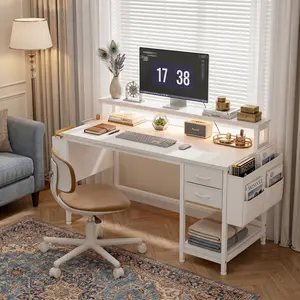 40" Home Office Desk with Power Outlets, LED Strip & Monitor Stand, Computer Desk with Drawers, Storage Bag & Monitor Stand, Space-Saving White Desk for Small Space