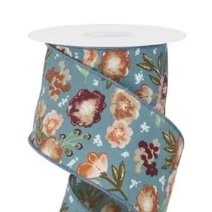 2.5" X 10Yd Soft Florals On Diagonal Weave Smoke Blue