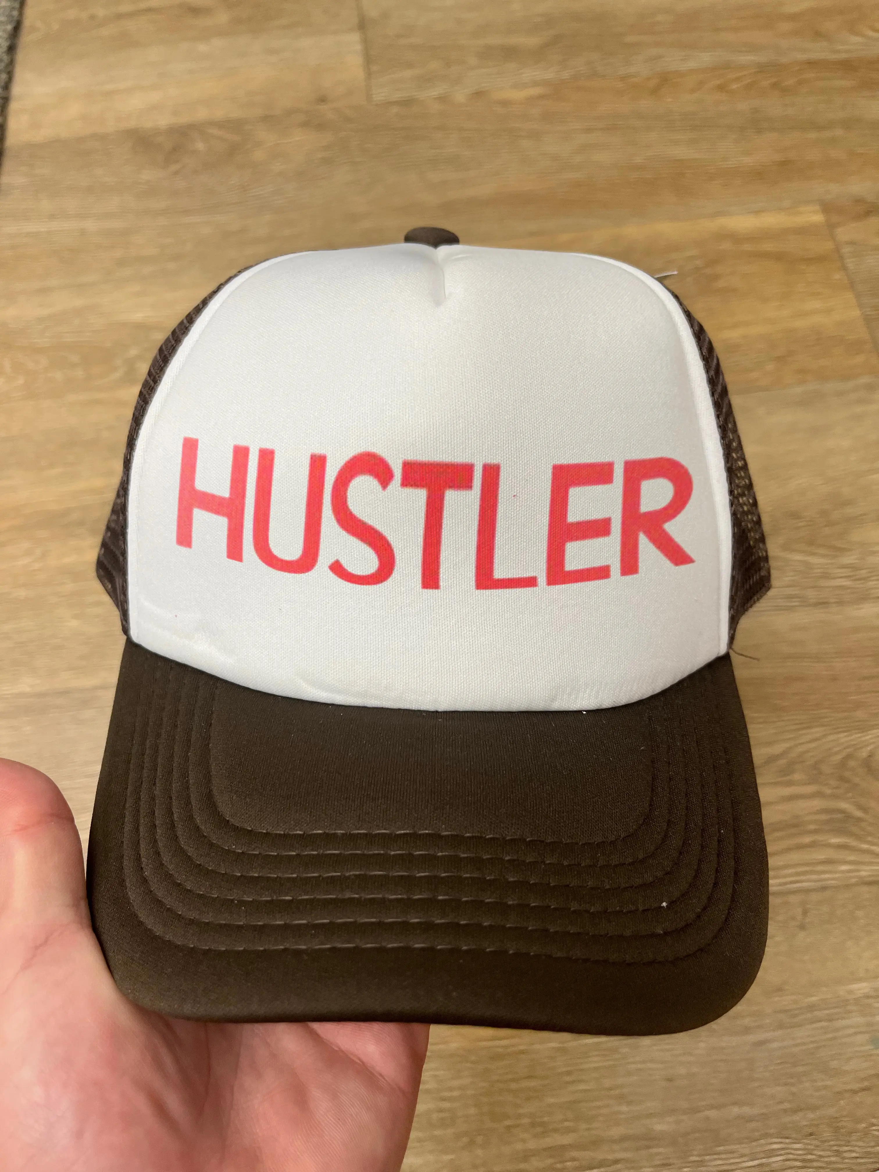 HUSTLER Trucker Hat – Bold Red Lettering Brown Mesh Snapback Cap for Hustle Life