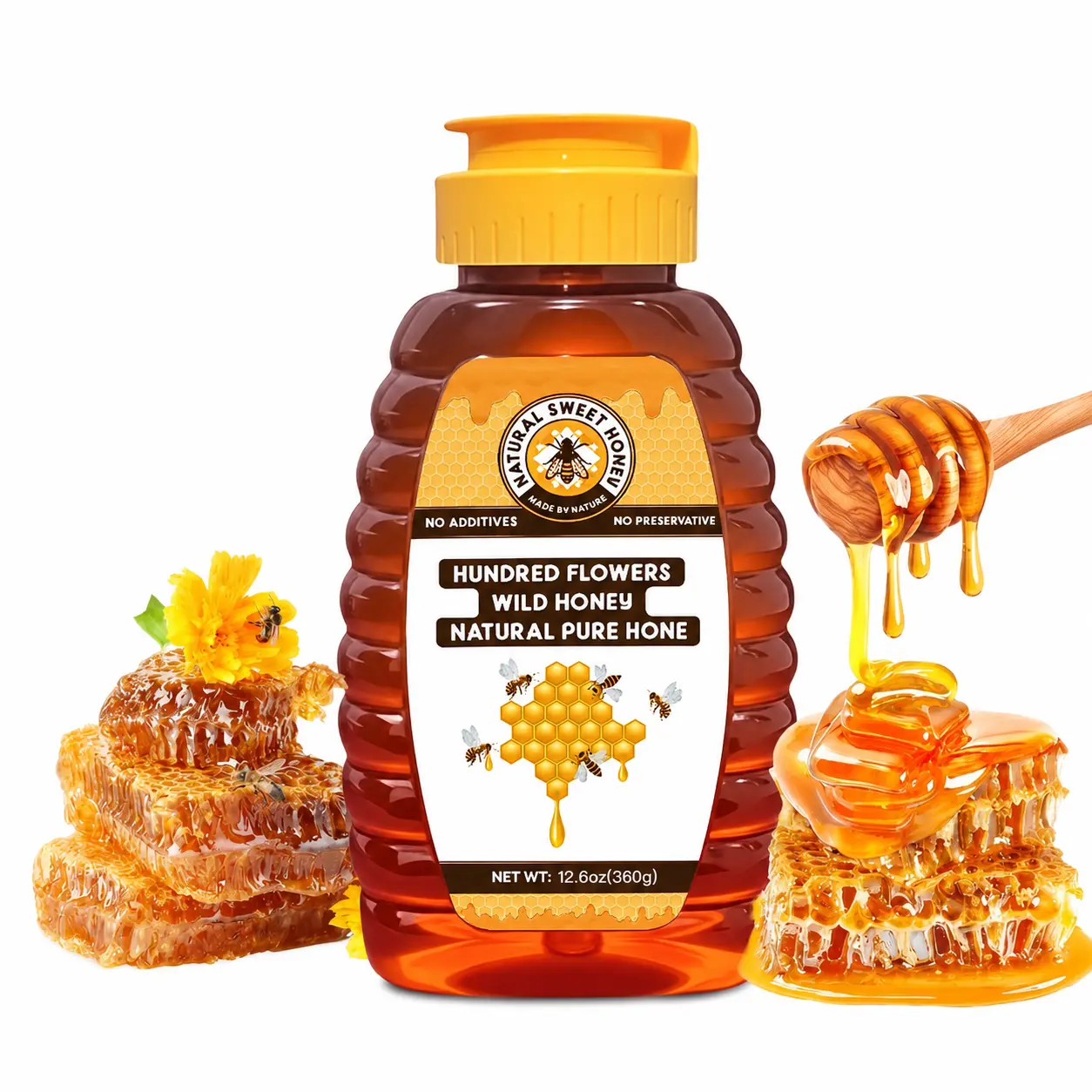 Premium Raw Honey Infused with Propolis, Bee Pollen & Royal Jelly, Natural Honey Blend for Daily Energy & Focus, No Additives, 8.82 oz / 12.6 oz