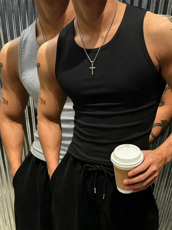 Men’s 2-Pack Summer Crew Neck Sleeveless Tank Tops, Solid Color Loose Fit, Versatile for Fitness, Running, and Casual Wear