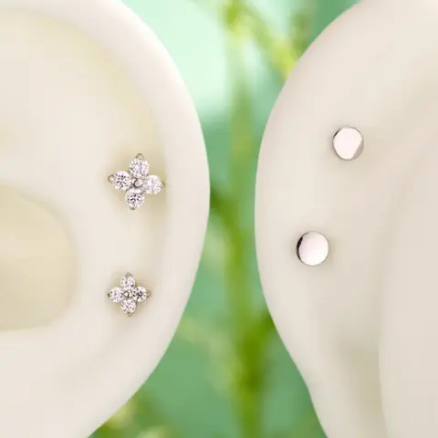 OUFER Female 16G 316L Stainless Steel Flower Threadless Push Pin Studded Earrings - Flat Back, Embedded Stones, Cubic Zirconia, Long-Lasting Sparkle, Elegant Casual Daily Piercing Jewelry