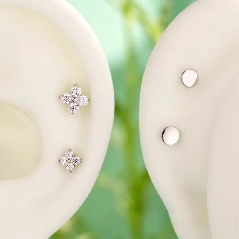 OUFER Female 16G 316L Stainless Steel Flower Threadless Push Pin Studded Earrings - Flat Back, Embedded Stones, Cubic Zirconia, Long-Lasting Sparkle, Elegant Casual Daily Piercing Jewelry