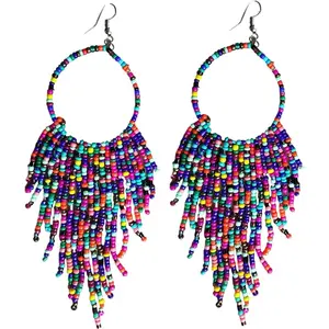 Tribal Dangle Fringe Tassel Bead & Hoop Earrings Native American Style by (Multi Color)