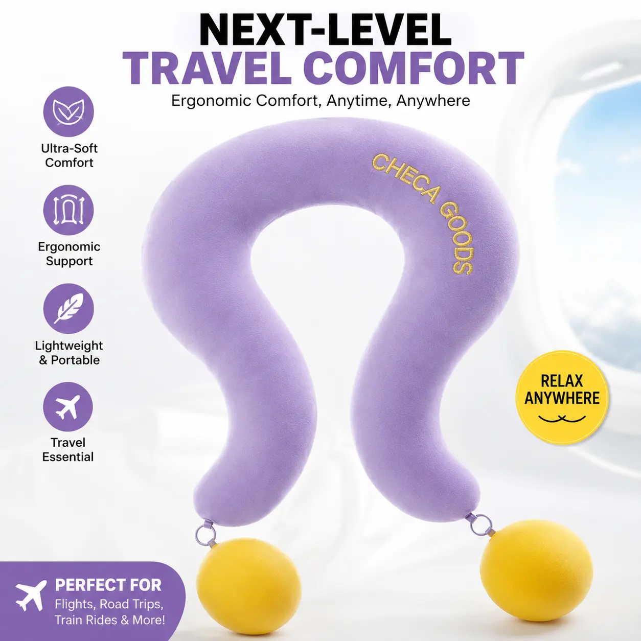 U-Shaped Neck Pillow with Arm Support Balls,Travel Pillow, Ultra Soft Sleeping Pillow with Head & Neck Support for Airplane Flights, Car Trips, Train Travel and Long Distance Travel campingessentials