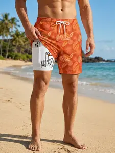 Men's Prank Duck Graphic 2 in 1 Board Shorts with Phone Pocket, Summer Casual Funny Beach Shorts with Side Pockets, Quick Dry Swim Shorts Swim Trunks, Drawstring Elastic Waistband Swimwear Beachwear Swimsuit Bathing Suit Sports Swim Trunks