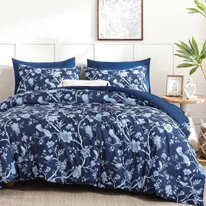 Floral  Comforter Set 7 count Bed in a Bag, Navy Blue Flower with Bird Bedding Set, Soft Reversible Comforter with Sheet Set 104"x90"