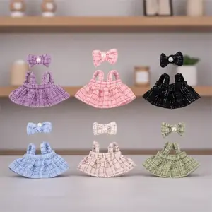Fashion Plaid Halter Dress Set with Bow Hair Clip, Fits 17cm Labubu Doll Clothes, Doll Clothing, Soft Design, Perfect Gift for Kids, 5 Colors Available