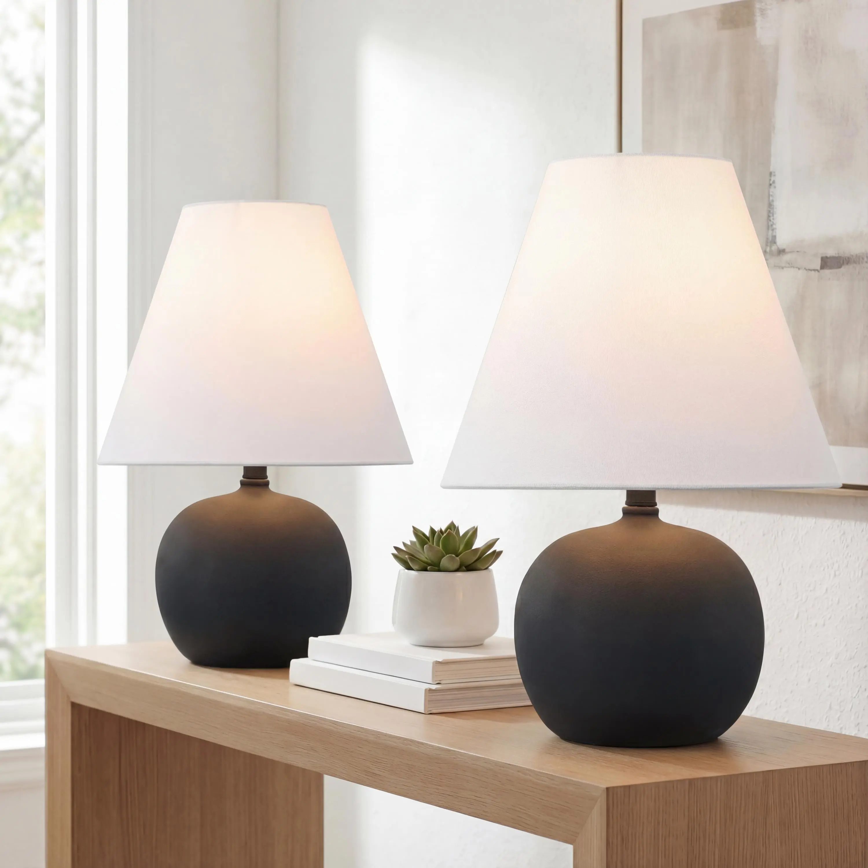 JONATHAN Y Asher 18.25" Gourd LED Table Lamp, Set of 2 | Scandinavian Minimalist Style, White Linen Shade, Resin Metal Base, Bedside Nightstand, Rotary Switch, LED Bulbs Included