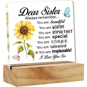 1-Piece Inspirational Floral Motif Acrylic Desk Plaque Sign with Wooden Stand, Acrylic Plaque Decor, Home/Office Keepsake Gift for Sisters