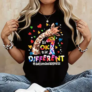 Autism Awareness T Shirt For Women Ok To Be Different Giraffe With Puzzle Pieces And Hearts Print Casual Loose Fit Top For Everyday Wear Special Occasions Comfortable Tee