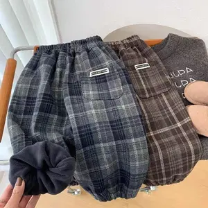 Unisex Fleece-Lined Thickened Winter New Children's Fleece-Lined Stylish Retro Plaid Baby Jogger Pants