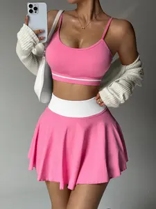 Women's Sporty 2 Piece Set with Bra and Skirt, Adjustable Straps, High Waist, Sleeveless, Perfect for Active Leisure Wear, Sports Activewear Set