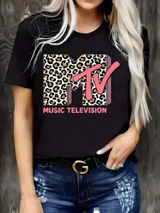 Women's Leopard Print Round Neck Graphic Tee, Vintage Trendy Casual Streetwear Short Sleeve  T-shirt for Daily Wear, Ladies Summer Outfit
