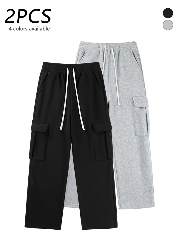 2-pack men’s cargo wide-leg sweatpants with work pockets, drawstring elastic waistband, soft skin-friendly fabric, multi-pocket street-style casual pants for men