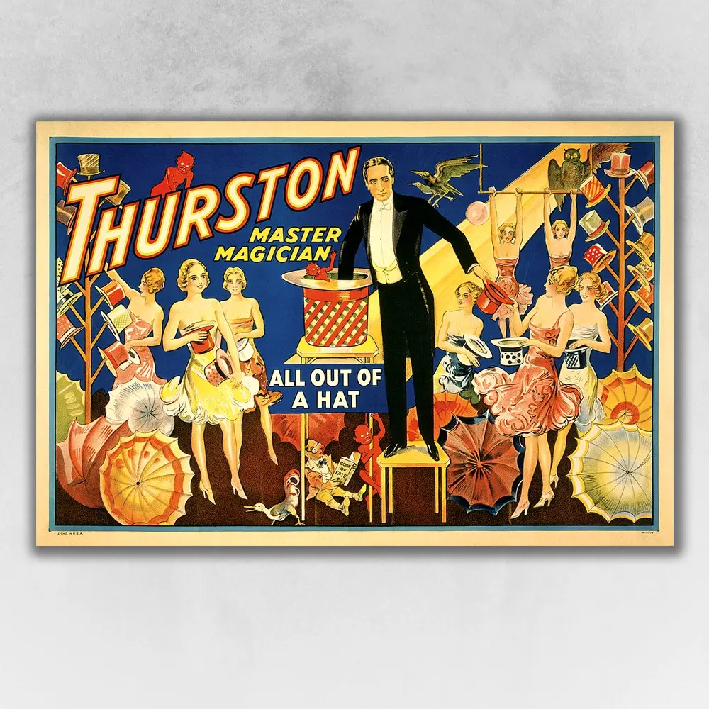 360 Stand Thurston Out of a Hat Vintage Magic Show Poster Print - 9x12 in Matte Unframed Art Print, Vintage Colors Illustrations, Colorful Wall Art for Home Room Decoration, Artistic, Home Decor, Matte Paper, Classic, One Piece