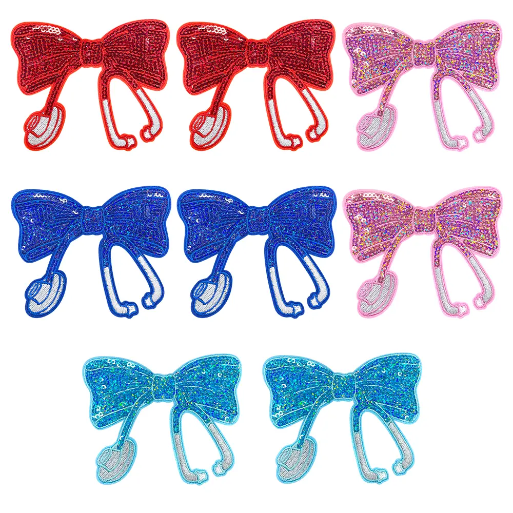 10PCS Iron On Sequin Patches Embroidery Stethoscope-Shaped Bow Fashion Sew On Cute Appliques Accessories for DIY Clothes Hats Projects Clothing
