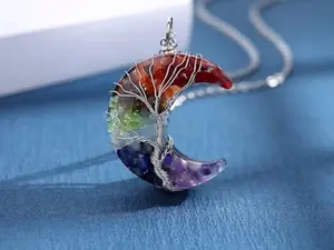 Healing Crystal Necklace, Tree Life Wire Wrapped Crescent Moon Necklace, Natural Stone Pendant Necklaces, Mothers Day Gifts for Mom, Gemstone Jewelry Gifts for Women