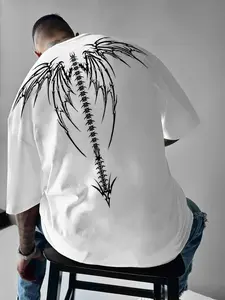 Y2K Cybercore Oversized White T-Shirt Men's Gothic Wing Dragon Spine Graphic Print Tee Grunge Streetwear Baggy Short Sleeve Top for Summer Street Style Outfit Casual Fit Streetwear