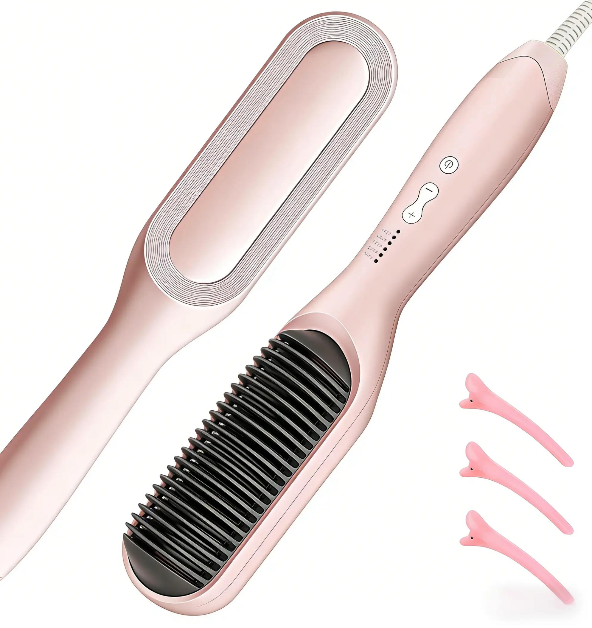 Ionic Hair Straightener Brush for Women - 5 Temp Settings, Fast Heating, Dual Voltage, Anti-Scald, Auto-Shut Off Straightening Comb