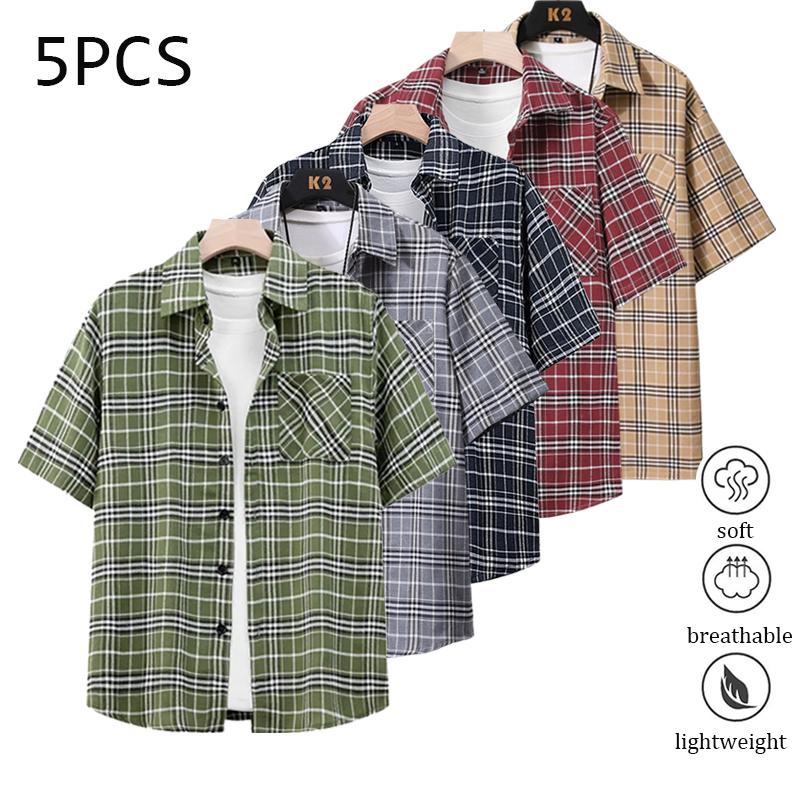 Men’s plaid button-collar long-sleeve cotton dress shirt, regular fit; plaid shirt; men’s top suitable for beach vacations, pool parties, and everyday casual wear; men’s shirt; men’s short-sleeve top Men's Striped Quick-Dry Polo Set Lightweight