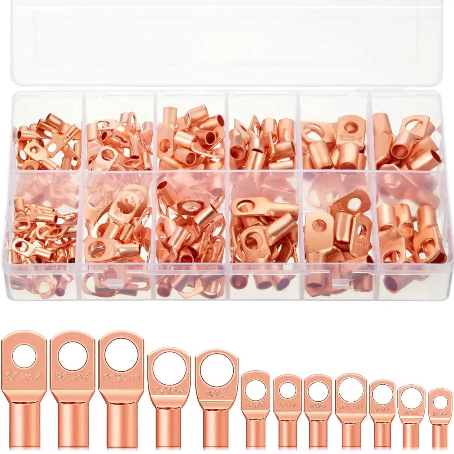 170-Pcs Durable Reliable Copper Wire Lugs Terminal Plug Kit, 12-Size Battery Cable Ends Connectors Assortment for AWG4, AWG6, AWG8, AWG10, AWG12 Cables, Automotive, Marine Use, Durable Reliable Connectors