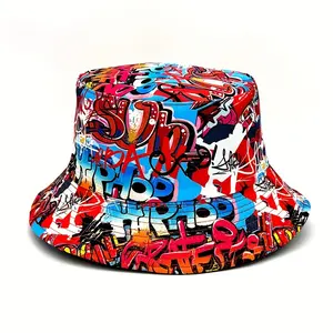 Vibrant Graffiti-Style Reversible Bucket Hat - Lightweight, Polyester, Fisherman Cap with Colorful Cartoon Letter Prints, Ideal for Parties & Outdoor Activities, Machine Washable, Outdoor Headwear|Graffitistyle Cap|Polyester Hat