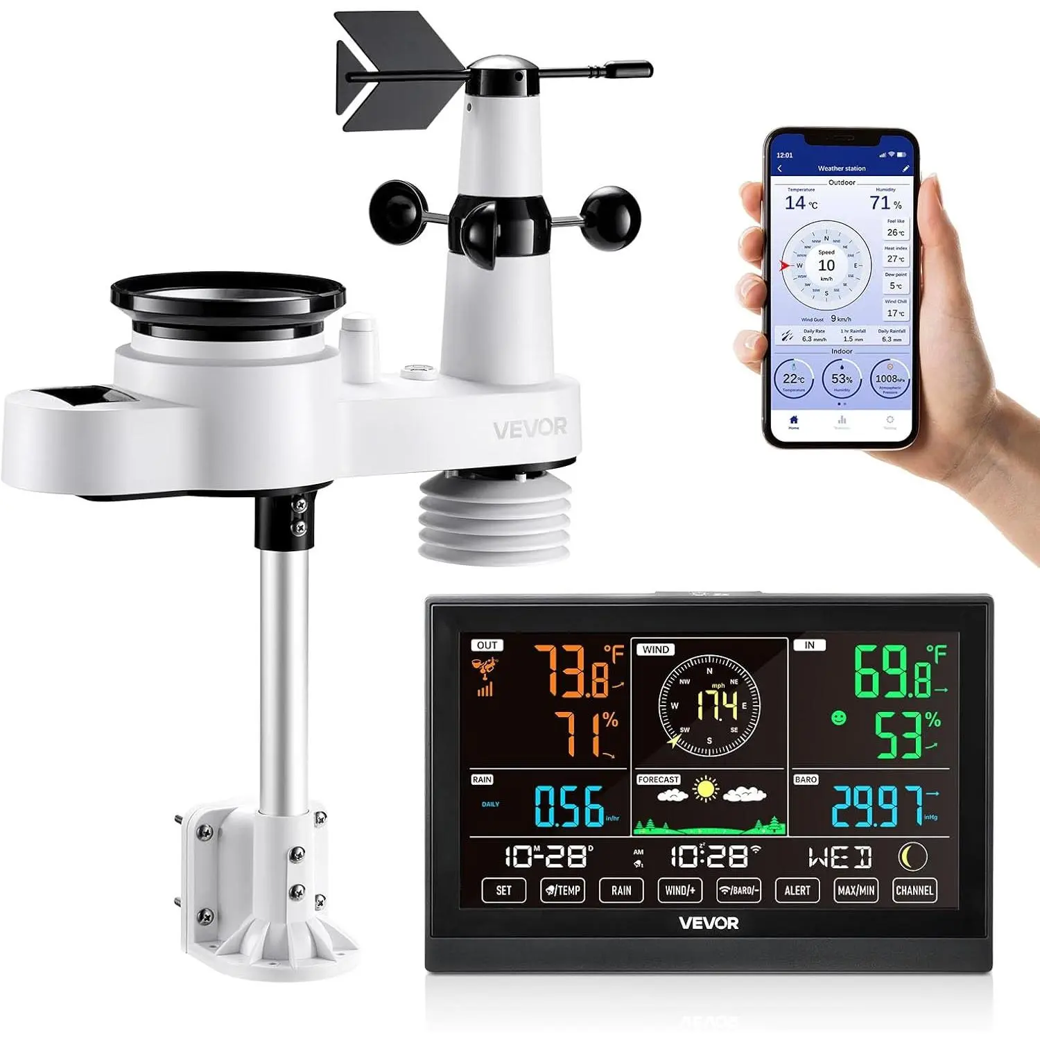 VEVOR Digital 5-in-1 Wi-Fi Weather Station, 7.5 in VA Display, Wireless Solar-Powered Outdoor Sensor, IPX6 Water Resistant, 492 ft Range, Monitors Wind Speed, Wind Direction, Temp, Humidity, Rainfall