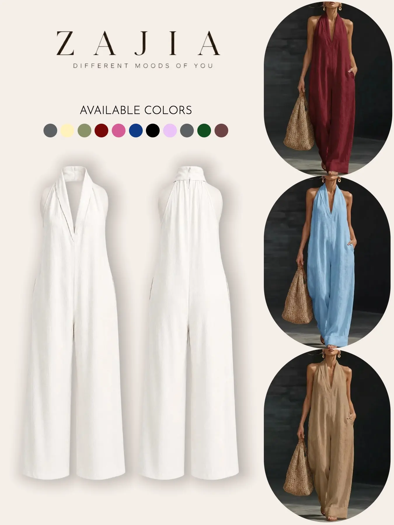 2026 New Women's Halter Sleeveless Jumpsuit, Summer Loose Fit Wide Leg Solid Color Long Pants, Elegant Vacation Style Fashion Chic