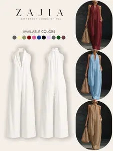 2026 New Women's Summer Loose Wide-Leg Bodysuit, Sleeveless Oversized Design, Chic Elegant Solid Color Long Pants, Vacation Style, Womenswear