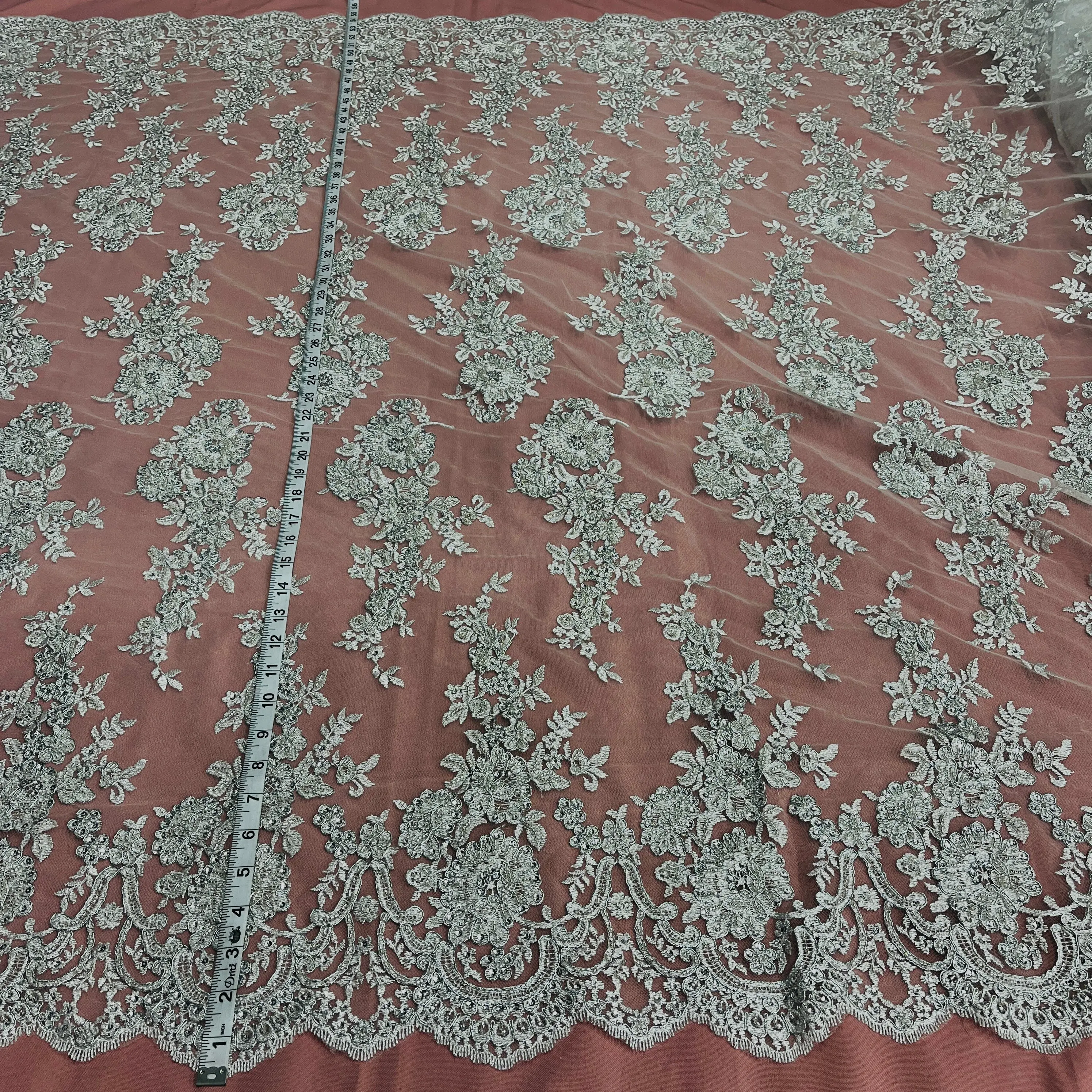 Elegant Beaded & Corded Embroidered Bridal Lace Fabric on 100% Polyester Net Mesh - Lace USA, 96989W-HB, Elegant Lace