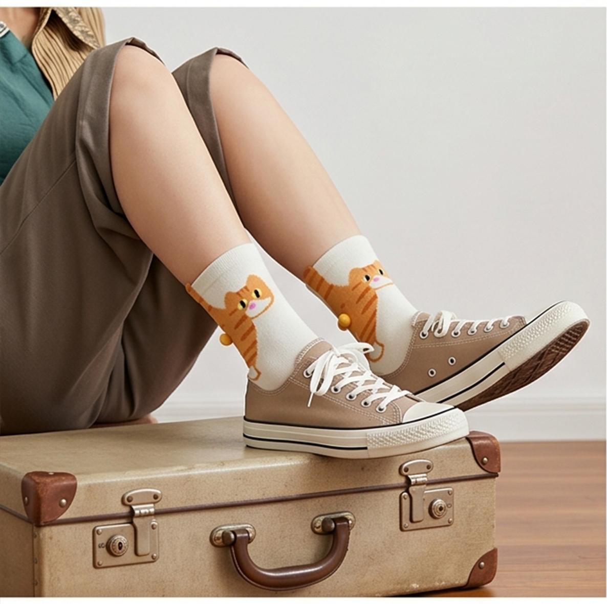 Orange Cat Egg Socks Unisex Mid-Calf Pure Cotton Funny Cartoon 3D Pom Pom Ins Trendy Cute Versatile Outdoor Cotton Socks 2 Pairs