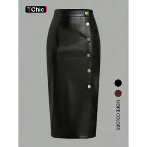 Women's single-breasted slit PU leather skirt, casual and comfortable, slim fit, high waist design, conforms to the body shape, elastic waistband, sexy A-line midi skirt.