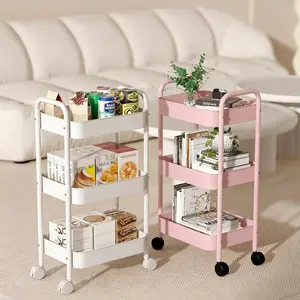 3 Tier Rolling Utility Cart, Heavy Duty Metal Storage Organizer on Wheels with Handle & Hooks, Narrow Space-Saving Mobile Shelving Unit for Kitchen, Bathroom, Office, Dorm, Laundry Room, Makeup Room & Home (White)