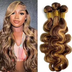 Ombre Highlight Body Wave Bundles Human Hair 12A Honey Blonde P4/27 Human Hair Body Wave 4 Bundles 16-30 Inches 100% Unprocessed Brazilian Virgin Hair Bouble Weft Natural Weave body wave