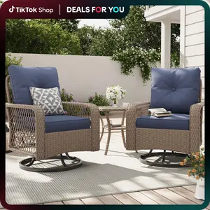 UDPATIO 3 Pieces Patio Furniture Set, Outdoor Swivel Rocking Chairs Wicker Patio Bistro Set Glass Top Side Table and Thickened Cushions Lounge
