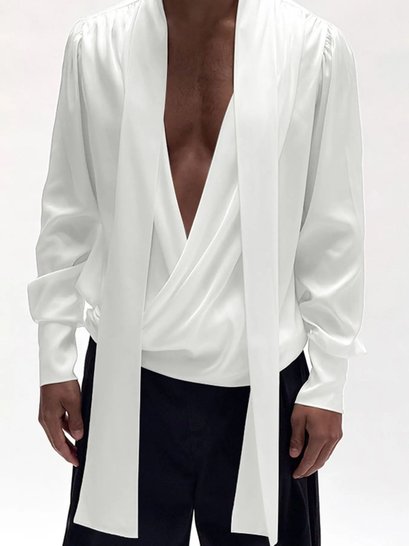 INCERUN Men Shirt Solid Color Deep V Neck Long Sleeve Satin Men Clothing With Belt Streetwear Loose Fashion Camisas Tops